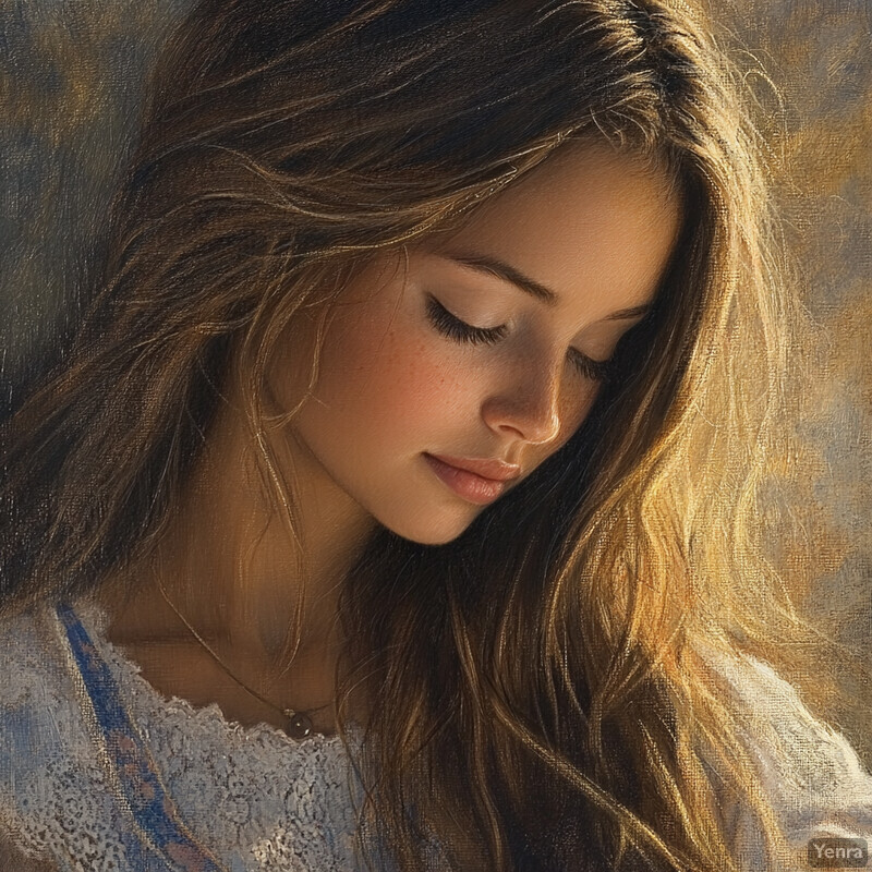 Oil painting of a young woman with long brown hair and fair skin