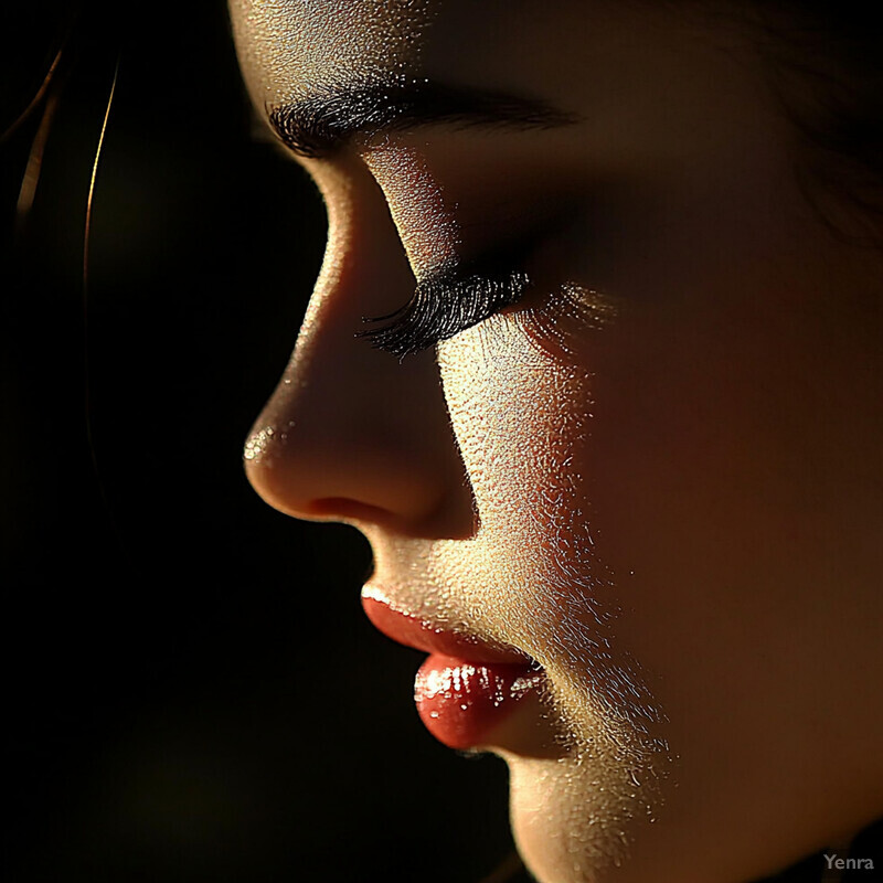 A close-up portrait of a woman with fair skin and dark eyebrows, painted in soft light