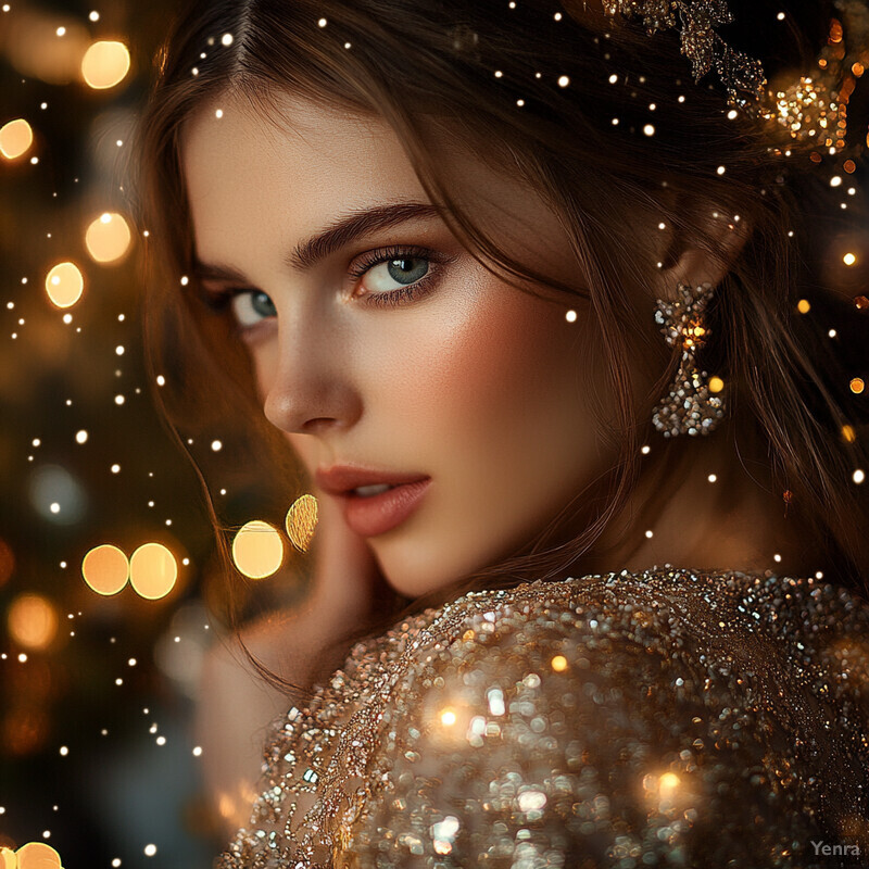 A young woman in a sparkly dress poses for a photo during the holiday season