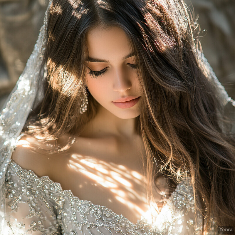 A woman in a stunning wedding dress and veil, exuding elegance and poise.