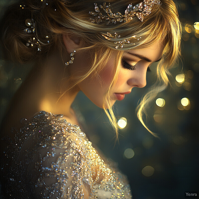 A woman with elaborate hairstyle and sparkling attire is captured in a captivating portrait.