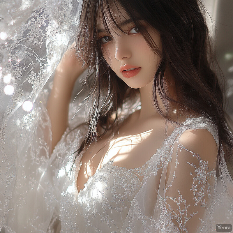 A woman in a white wedding dress with a lace overlay and delicate belt, styled with loose waves and subtle makeup.