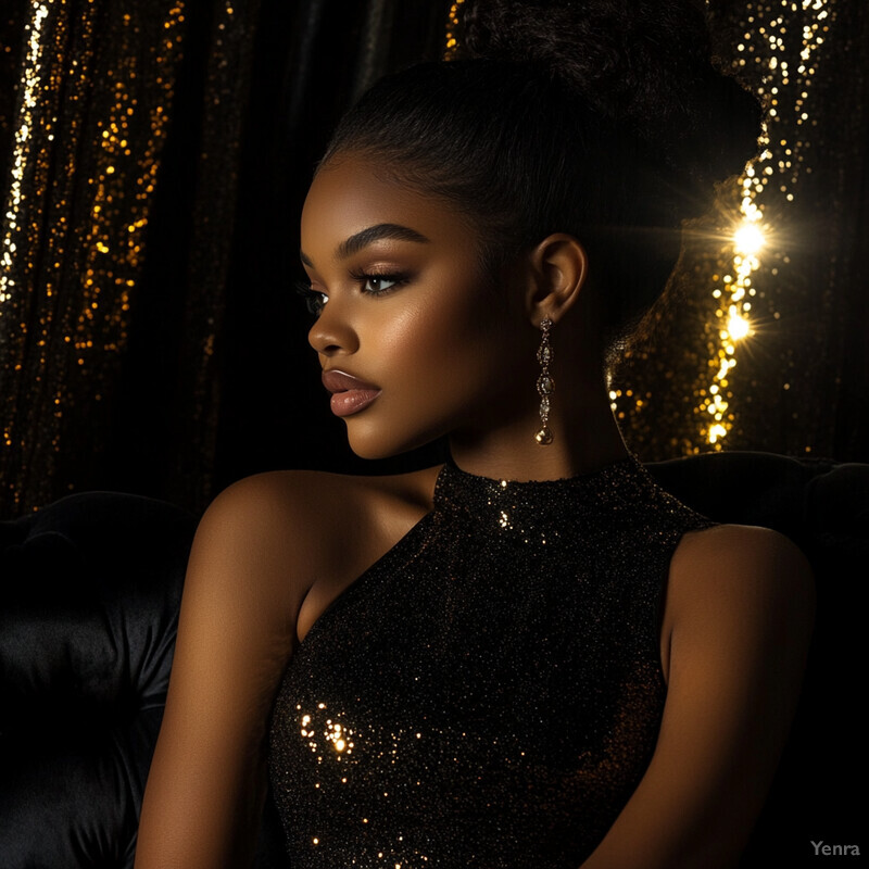 A woman with dark skin and black hair sits on a plush black couch or chair, wearing a sleeveless black dress adorned with gold sequins.