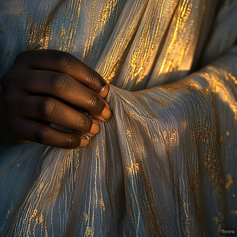 A close-up view of a dark-skinned hand grasping a gold-threaded fabric.