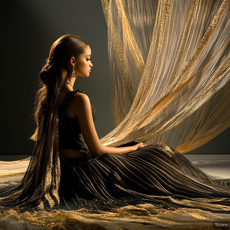 A woman in a black dress with gold stripes sits on the ground amidst golden threads or fabric, set against a dark gray background.