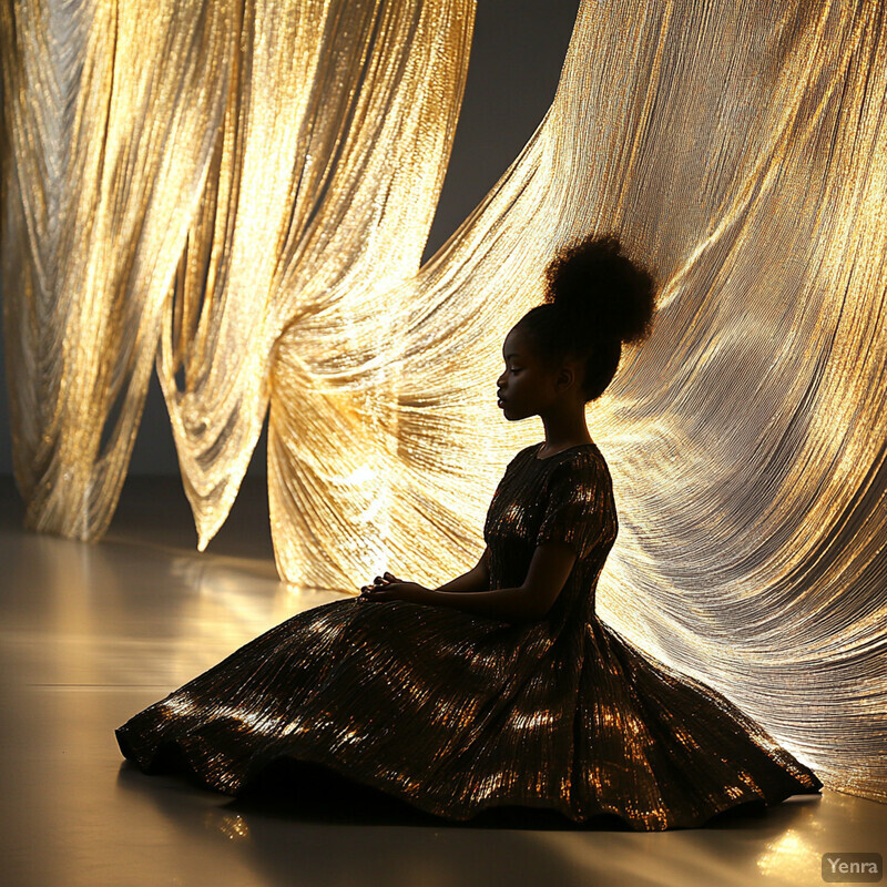 A young girl sits on the floor in front of a large, gold-colored curtain, lost in thought or deep contemplation.