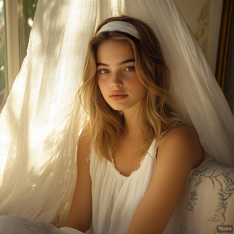 A young woman with blonde hair and blue eyes sitting on a couch or chair, possibly in a living room or bedroom.