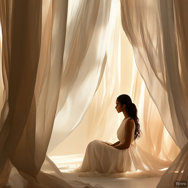 A serene and ethereal scene of a woman sitting on the floor amidst flowing white curtains.