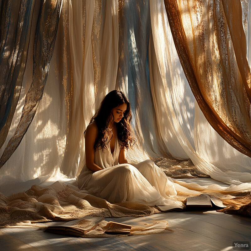 A woman sits on the floor surrounded by sheer curtains and fabric in various shades of white and gold.