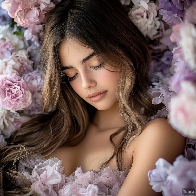 A young woman in a light pink dress with lace details poses in a garden or park setting, exuding softness and delicacy.