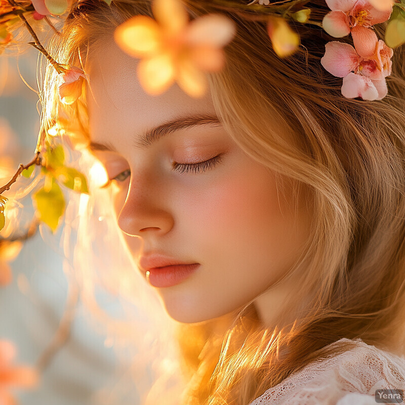 A young girl surrounded by blooming flowers, exuding peace and tranquility.