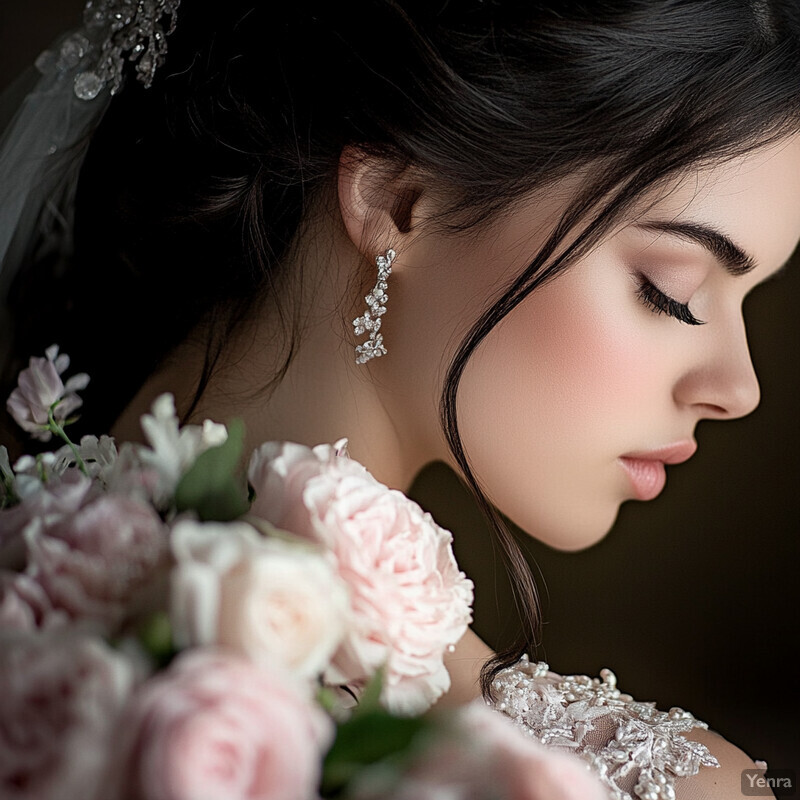 A woman with dark hair and fair skin wears a lace wedding dress and holds a bouquet of pink flowers.