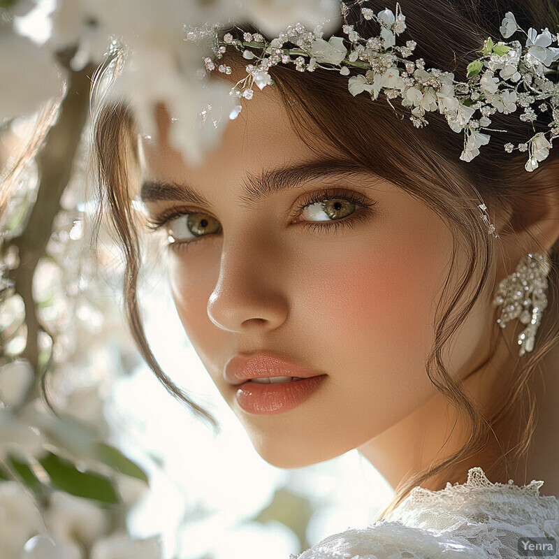 A young woman with fair skin and brown hair wears a white lace top and flower crown, gazing directly at the viewer.