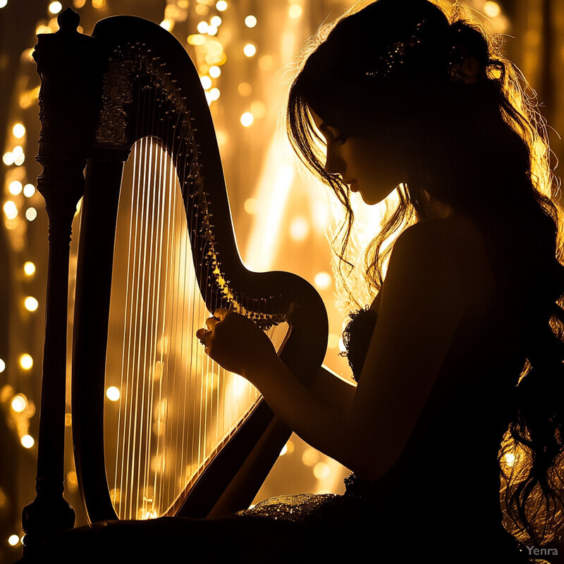 A woman with long hair plays a harp in a dimly lit room.