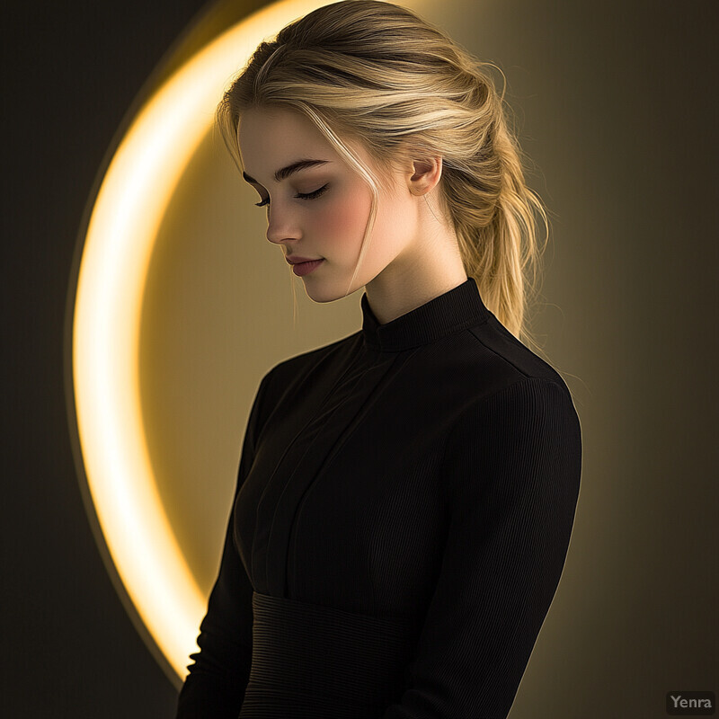 A young woman with blonde hair and a black turtleneck sweater posing in front of a blurred background