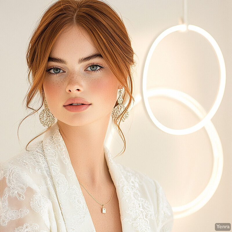 A portrait of a young woman with striking red hair and blue eyes, dressed in an elegant white lace dress.