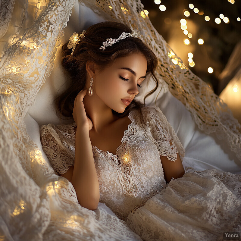 A serene and intimate scene of a young woman reclining on a bed, surrounded by soft lighting and delicate lace curtains.