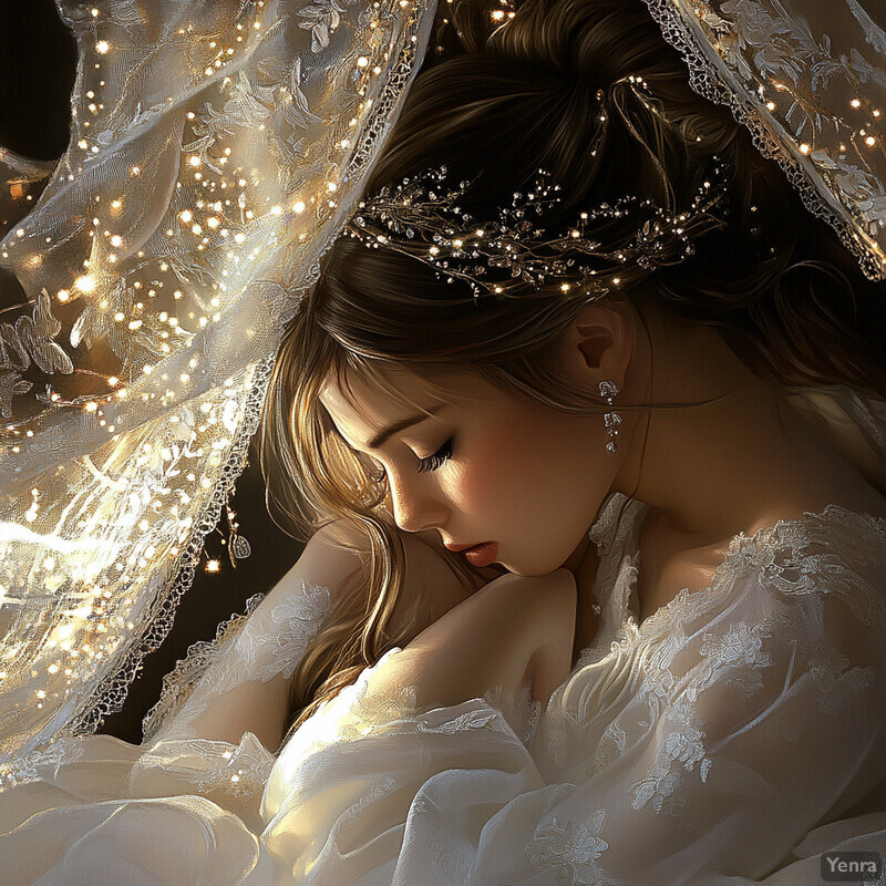 A serene and dreamy scene of a woman in a white wedding dress surrounded by soft light.