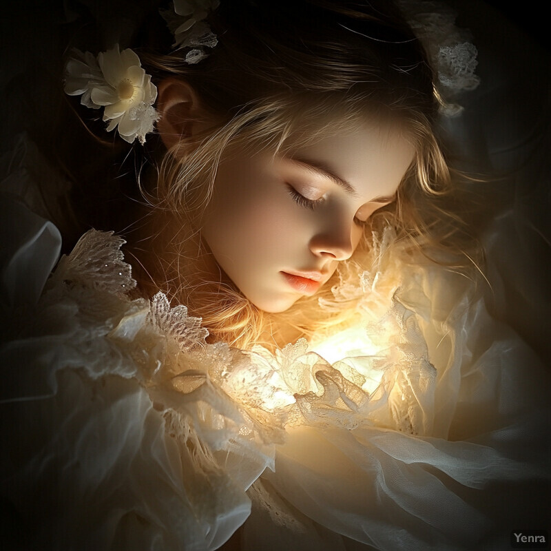 A young girl sleeps peacefully on her side, surrounded by soft lighting and gentle colors.