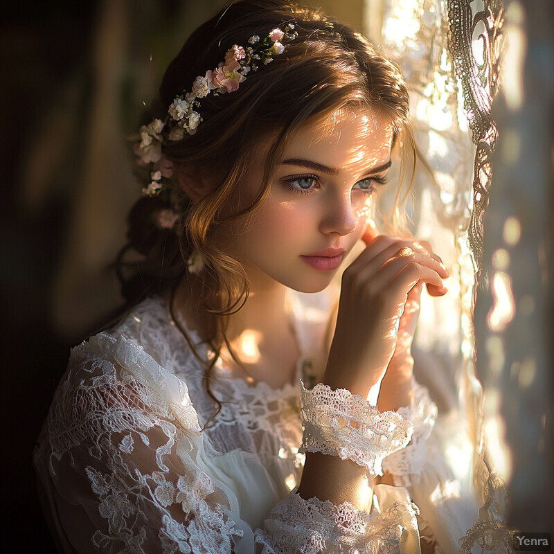 A young woman with fair skin and brown hair styled in loose waves, wearing a stunning white lace dress, stands in front of a window or doorway, gazing out at something beyond the camera's view.