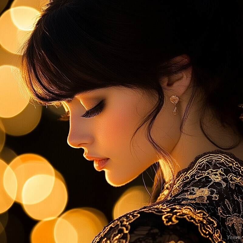 A close-up photograph of a woman's face and shoulders in dramatic lighting