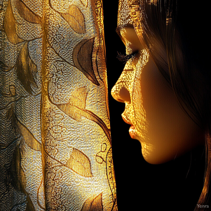 A serene side profile of a woman, illuminated by sunlight through an ornate lace curtain.