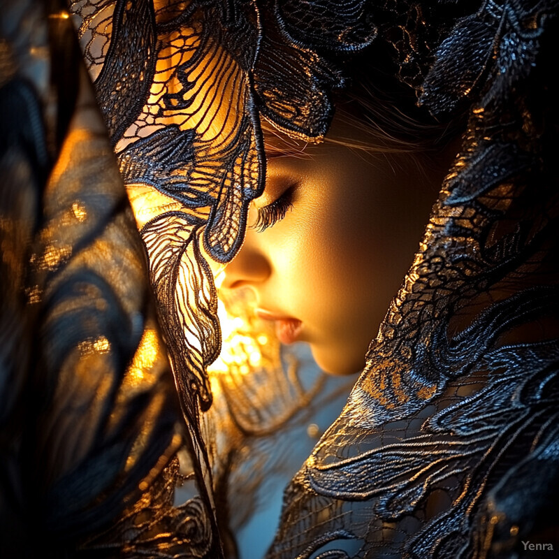 A close-up image of a woman's face partially covered by intricate black lace curtains.