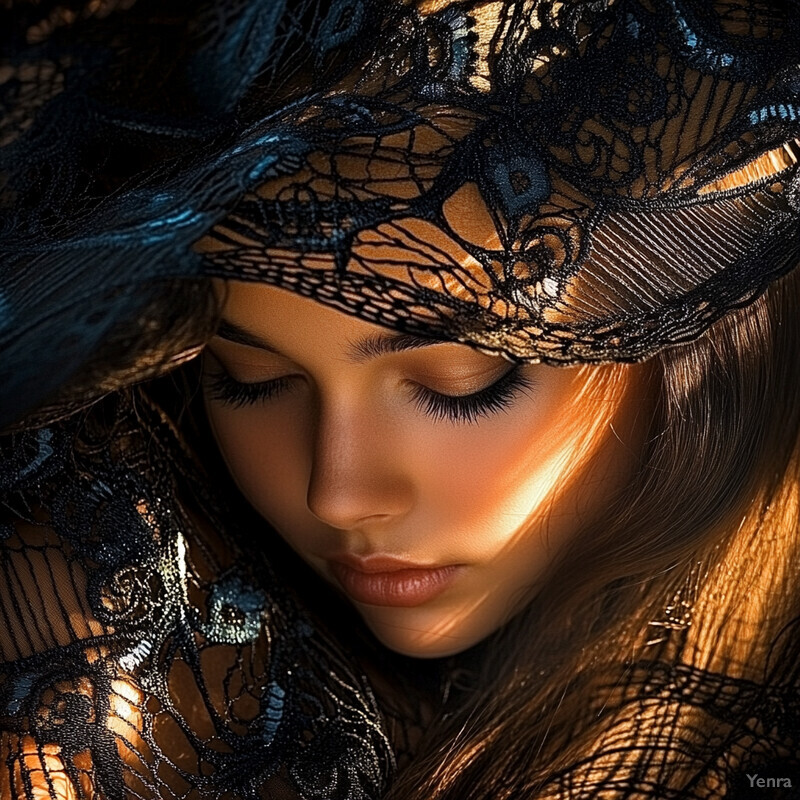 A woman with closed eyes, wearing black lace, is captured in close-up.