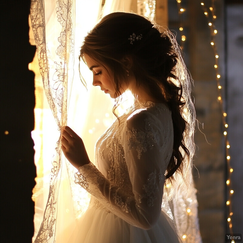 A woman in a wedding dress stands by a window or door with lace curtains, surrounded by fairy lights.