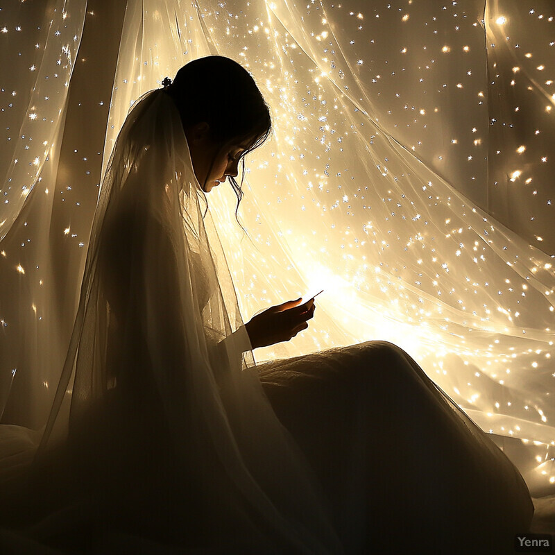 A woman sits on a bed, dressed in a wedding dress and veil, surrounded by warm golden light.