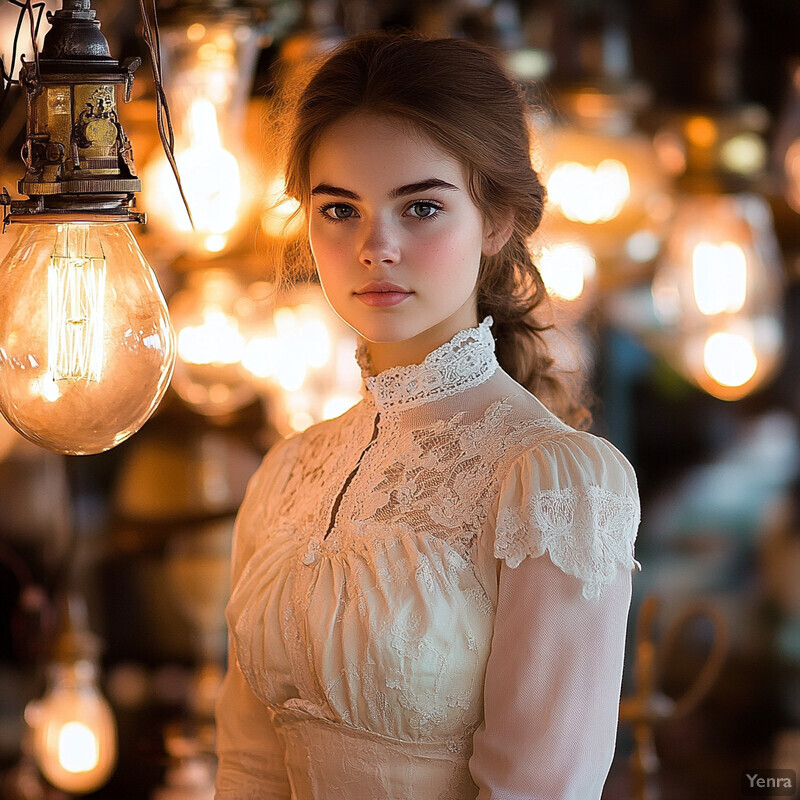 A young woman with fair skin and brown hair in a cream-colored dress with lace details, gazing over her left shoulder at the camera, set against a blurred room with numerous light bulbs.