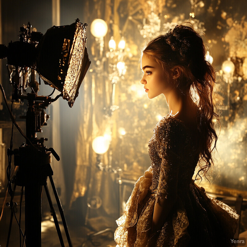 A young woman in a gold ballgown poses confidently in front of a large light source, likely on set for a photo shoot or film production.