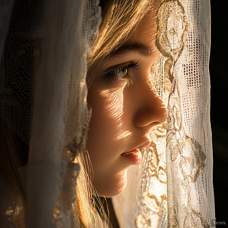 A serene close-up portrait of a woman with blonde hair and no makeup, partially hidden by a white lace curtain or veil.