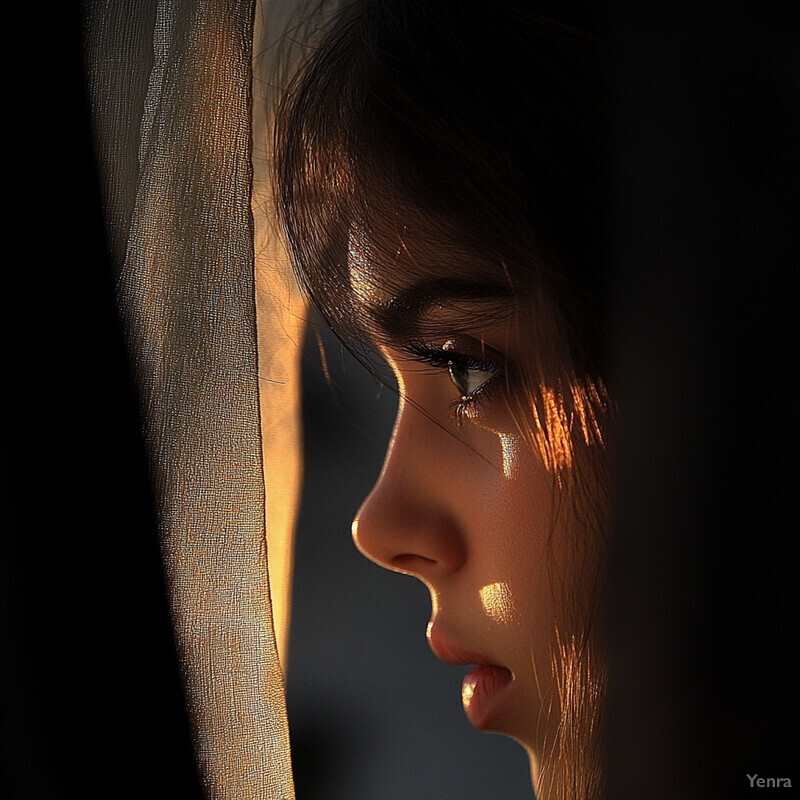 A woman's face, captured in profile with a contemplative expression, illuminated by sunlight through sheer curtains.