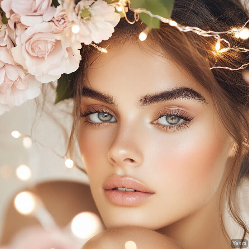 A young woman with fair skin and blue eyes gazes directly at the camera, surrounded by soft lighting and an indoor setting.