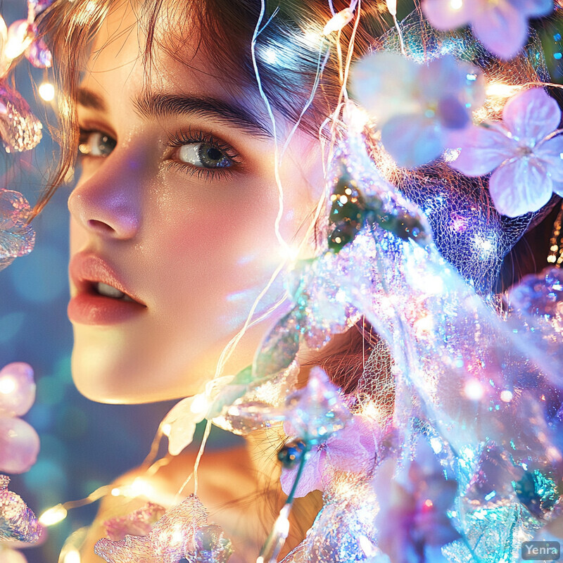 A woman with fair skin and brown hair is surrounded by delicate flowers or lights, creating a captivating and enchanting effect.