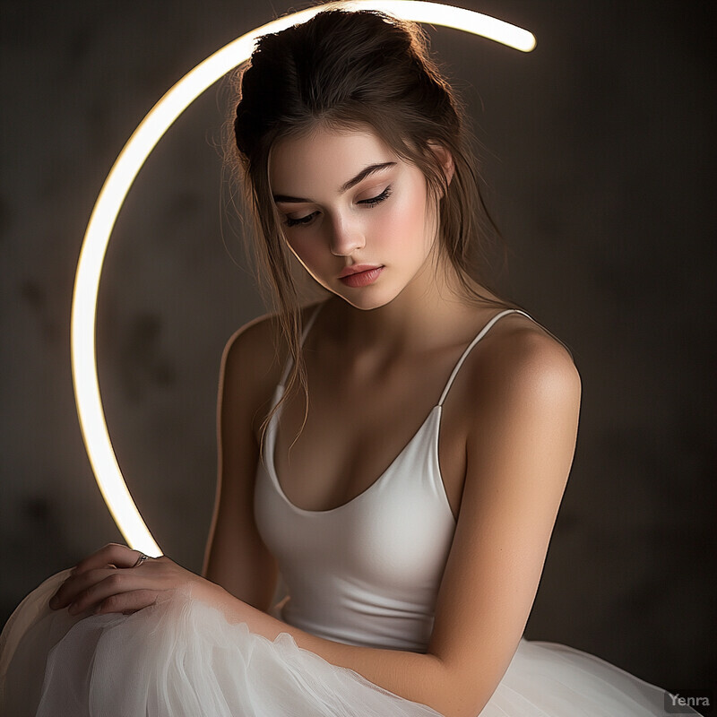 A young woman in a white dress poses elegantly with her hands resting on a glowing neon light arc.