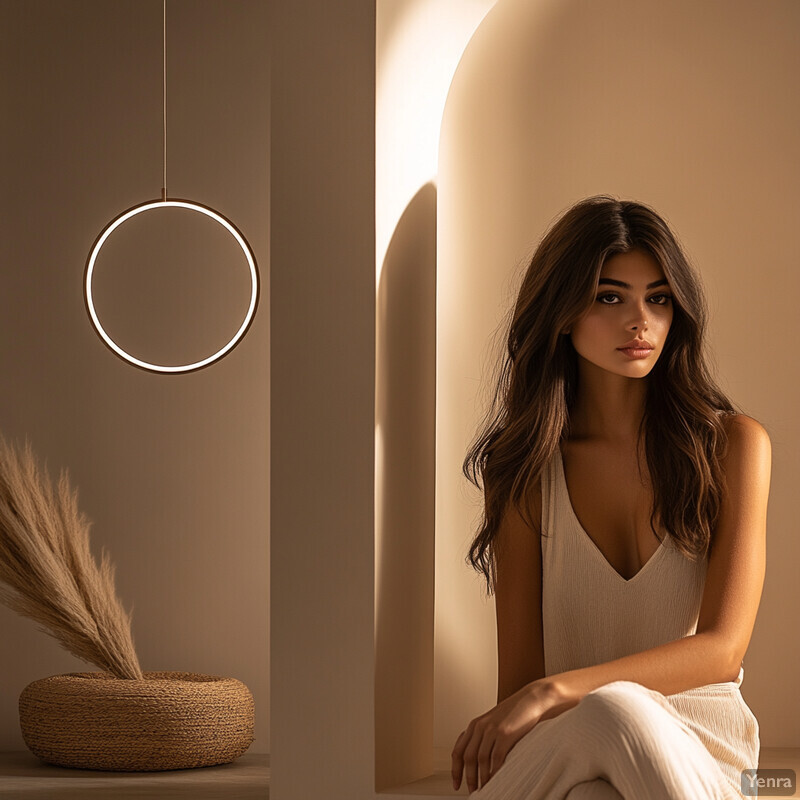 A young woman sits in an archway, surrounded by soft lighting and natural elements.