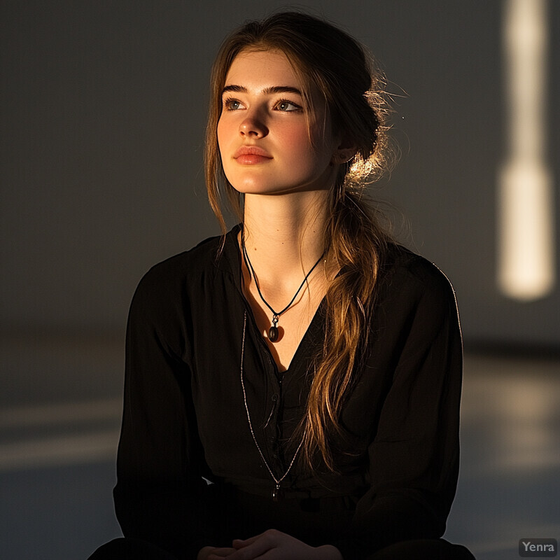 A young woman with long brown hair sits in a room or studio setting, wearing two necklaces and exuding an air of serenity.