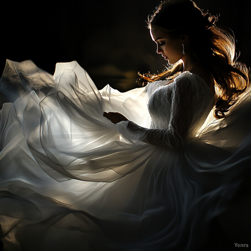 A serene and elegant wedding portrait of a woman in a white lace gown, gazing downward with a contemplative expression.