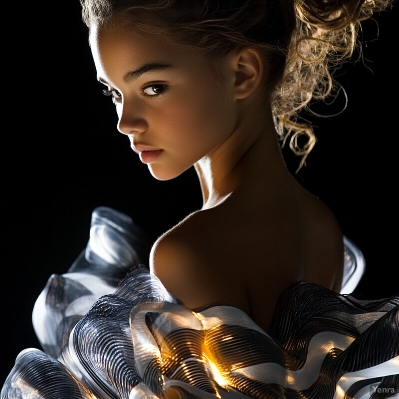 A young woman with fair skin and brown hair styled in an updo is wearing a strapless dress featuring a unique design with thin, wavy lines that resemble waves on water's surface. The lines are predominantly white but also incorporate black and gold accents, creating a striking visual effect.