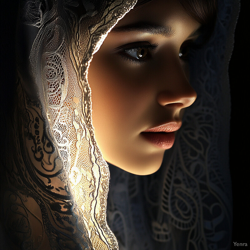 A woman's face is partially obscured by a delicate lace veil