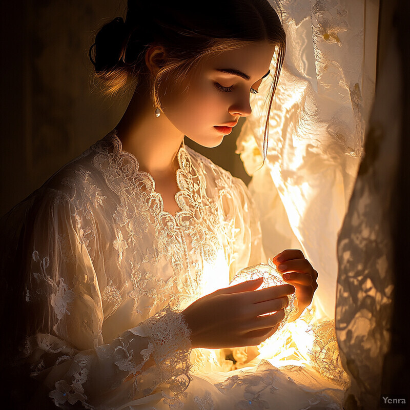 A woman in a white lace dress is sewing or mending a piece of lace fabric.