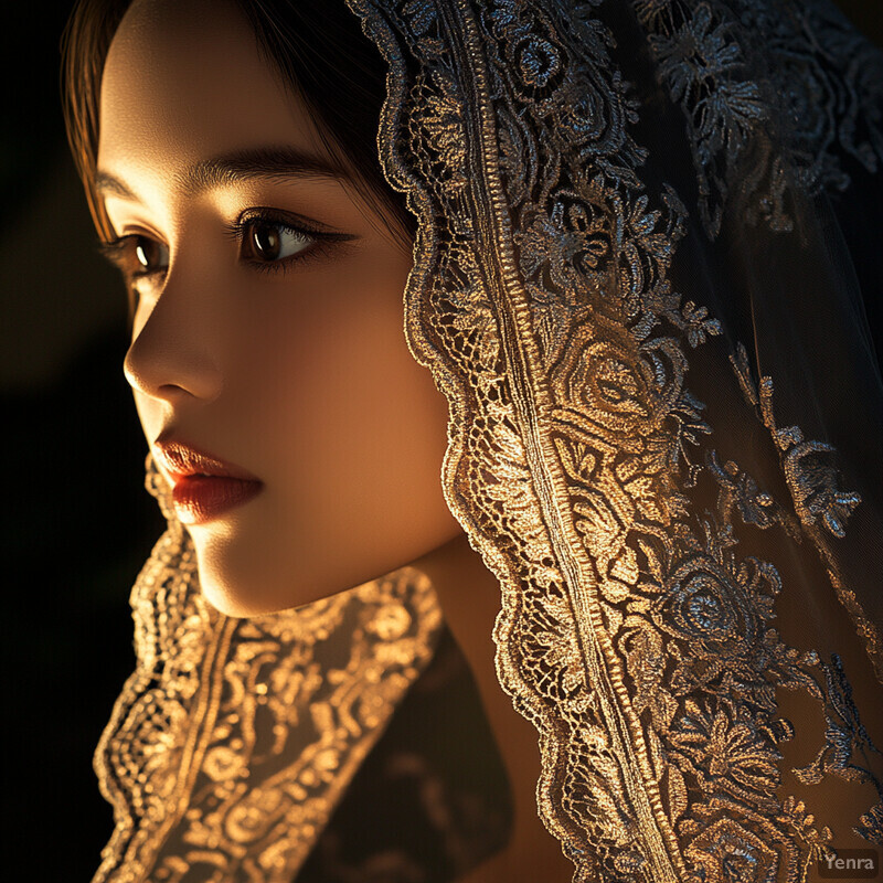 A close-up portrait of a woman with a lace veil, showcasing her refined features and sophisticated appearance.