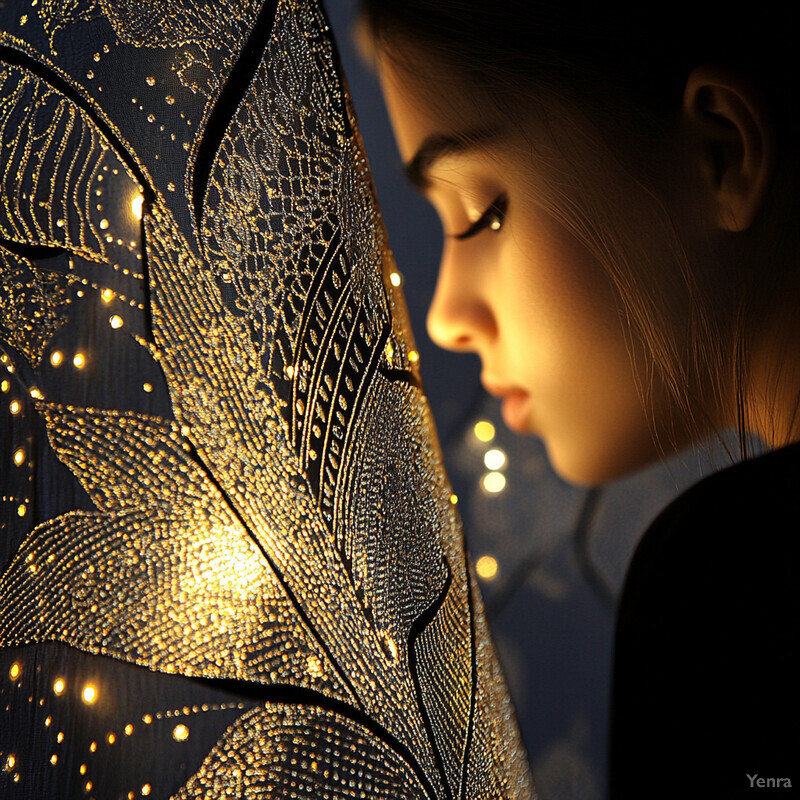 A woman gazes at a luminous lace fabric illuminated by soft, golden light, creating a visually stunning effect that balances light and shadow.