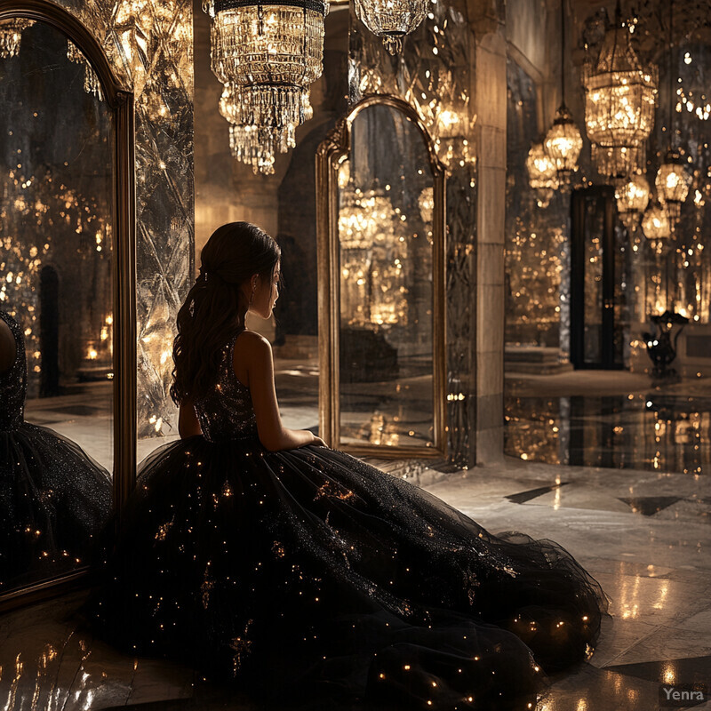 A young girl sits in front of an ornate mirror, wearing a stunning black ball gown, surrounded by a richly decorated room with high ceilings, walls lined with mirrors and paintings, and a grand chandelier.