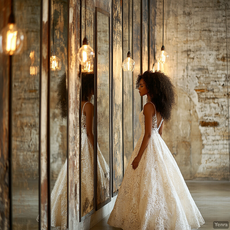 A woman in a wedding dress stands in front of a wall with mirrors and light fixtures, admiring herself before her big day.