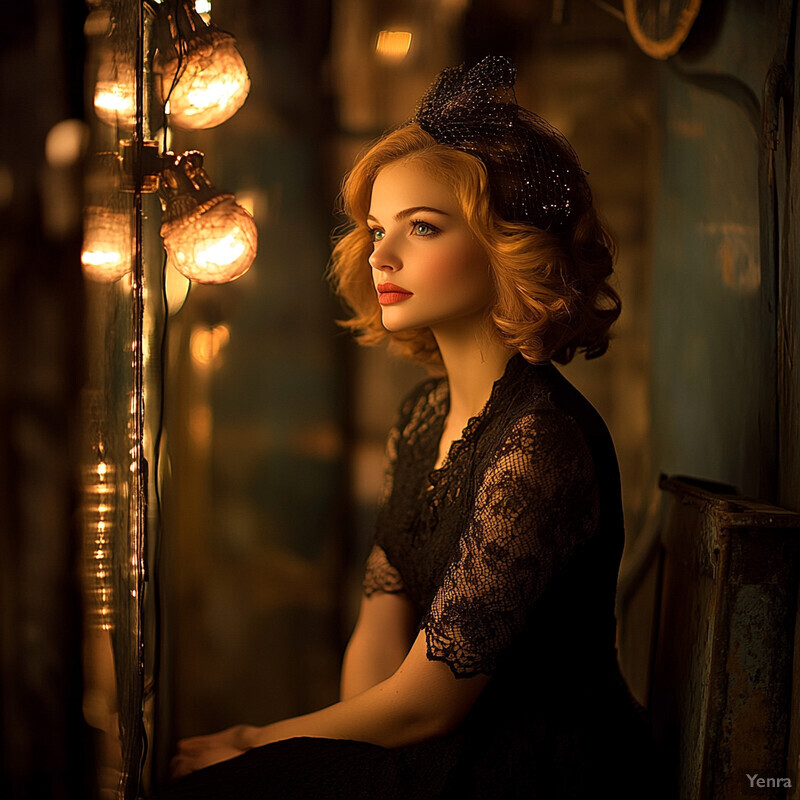 Woman sitting in front of a wall with string lights