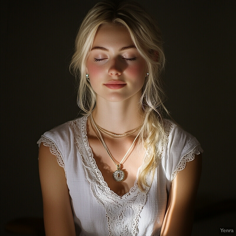 A serene and peaceful scene of a woman with her eyes closed, exuding an aura of tranquility.