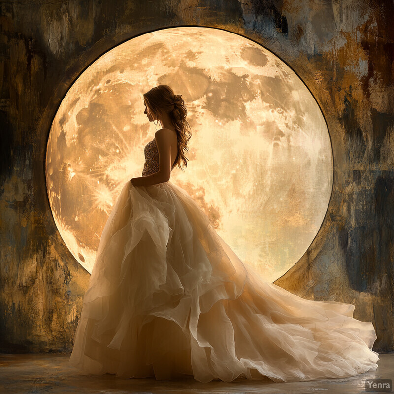 Woman in wedding dress standing in front of large moon